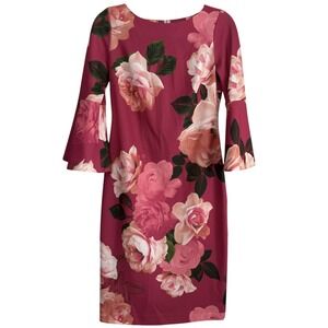 Calvin‎ Klein Pink Floral Bell Sleeve Sheath Dress Magenta Rose Print Size 4